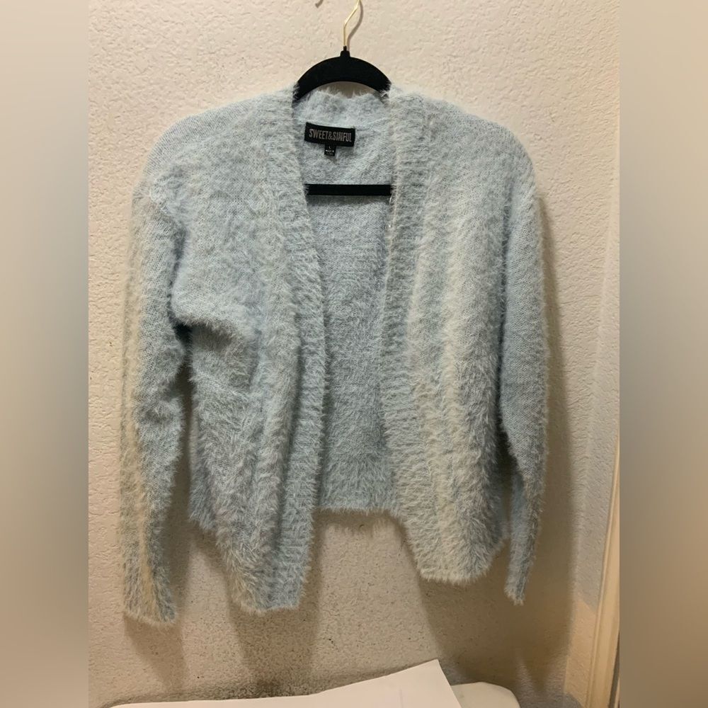 Sweet & Sinful Blue Mohair Eyelash Knit Fuzzy Fur Cardigan Sweater Top Size L
